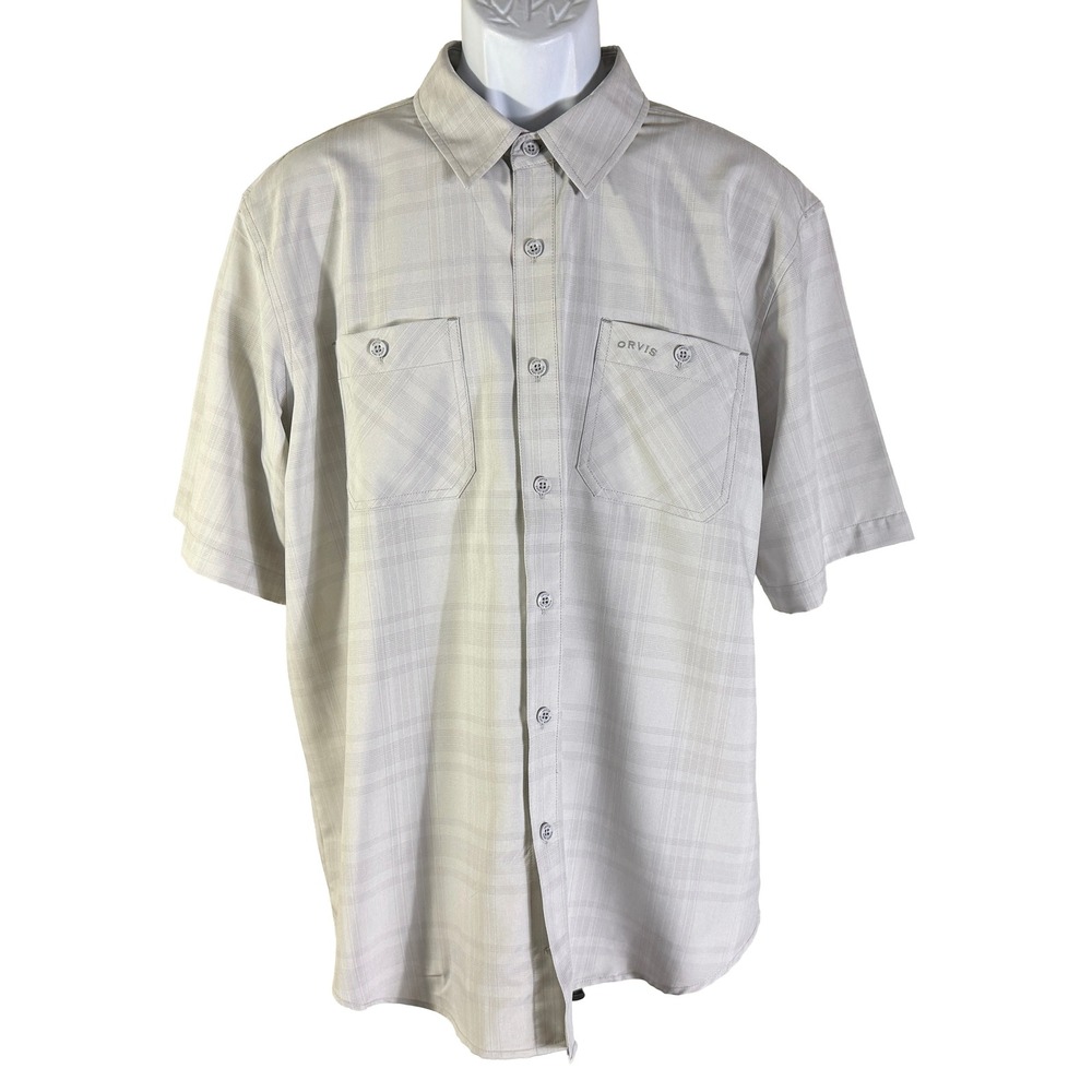 Orvis Button Down‎ Shirt Mens XL Tan Plaid Short Sleeve Hiking Outdoor Pocket
